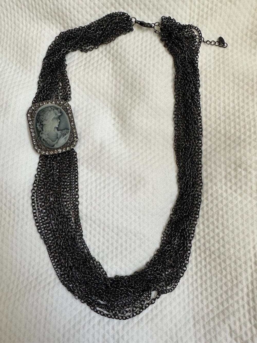 Vintage Carolee Gunmetal Multi-Chain Grey Cameo Crystal Statement Necklace